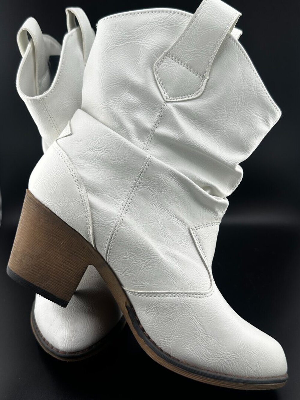 White Vegan Leather Slouch Western Ankle Boots Block Heel Women's Size 6